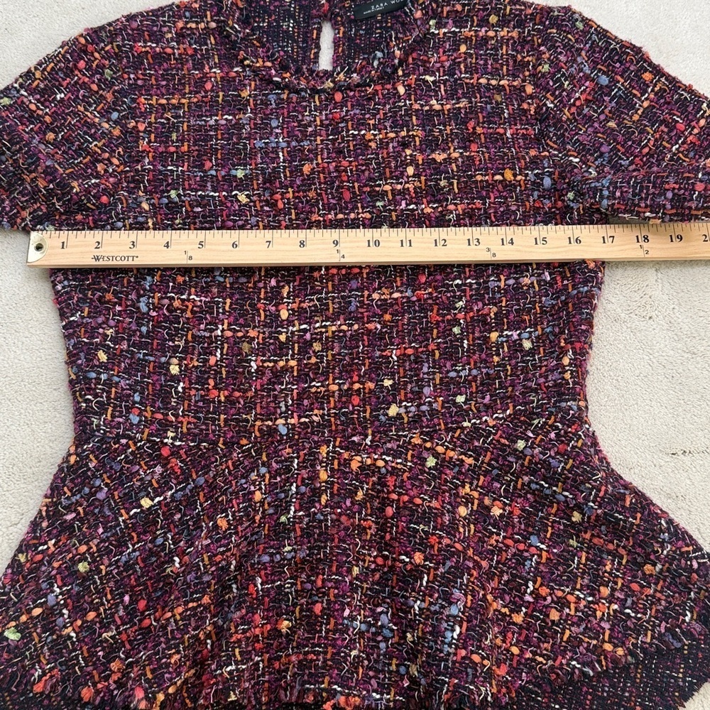Zara Tweed Peplum Multicolor Purple Pink Raw Hem Drop Split Back Top Size XS - Picture 9 of 11